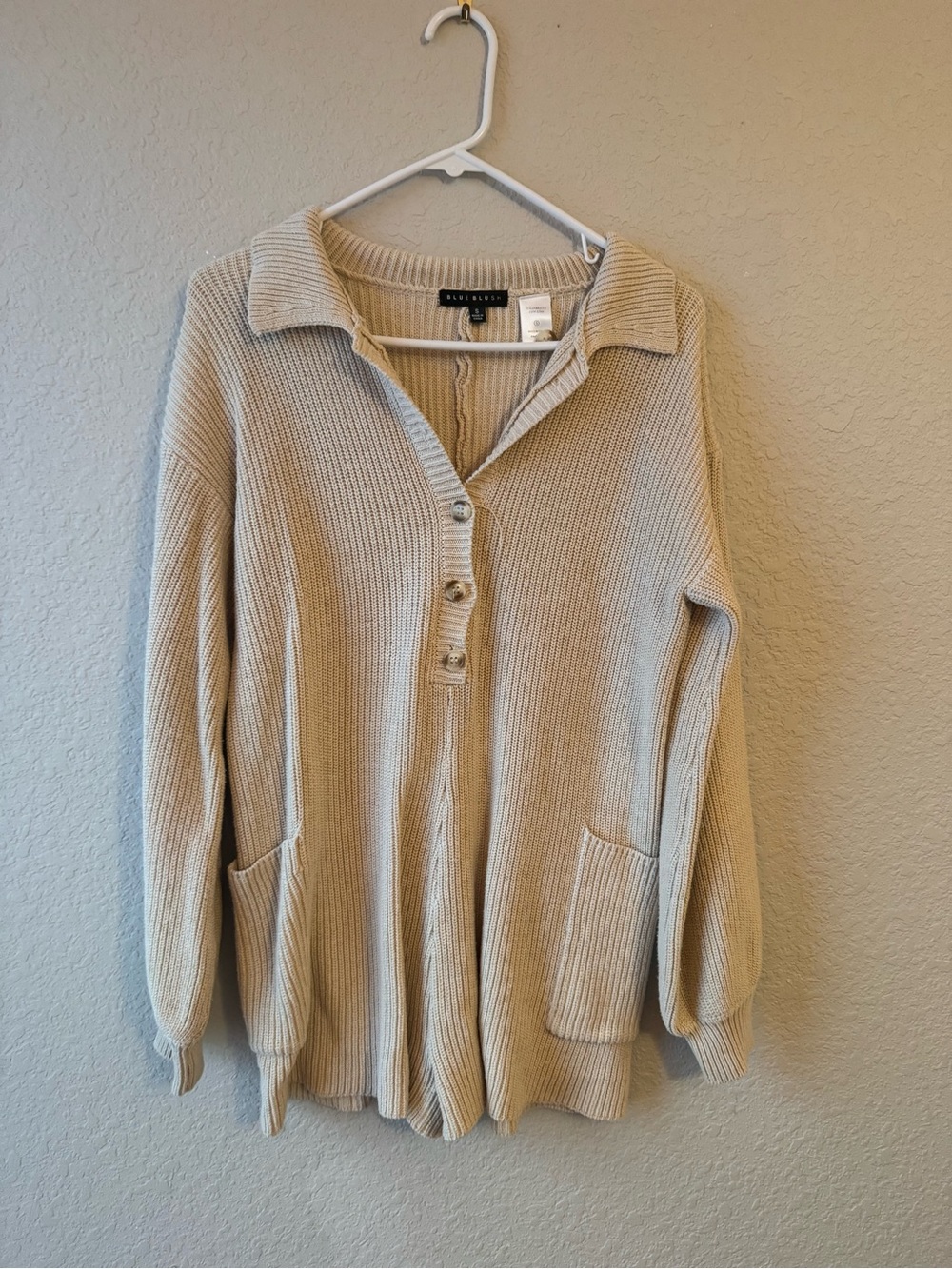 Blue Blush Cream Ribbed Buttoned Sweater Romper